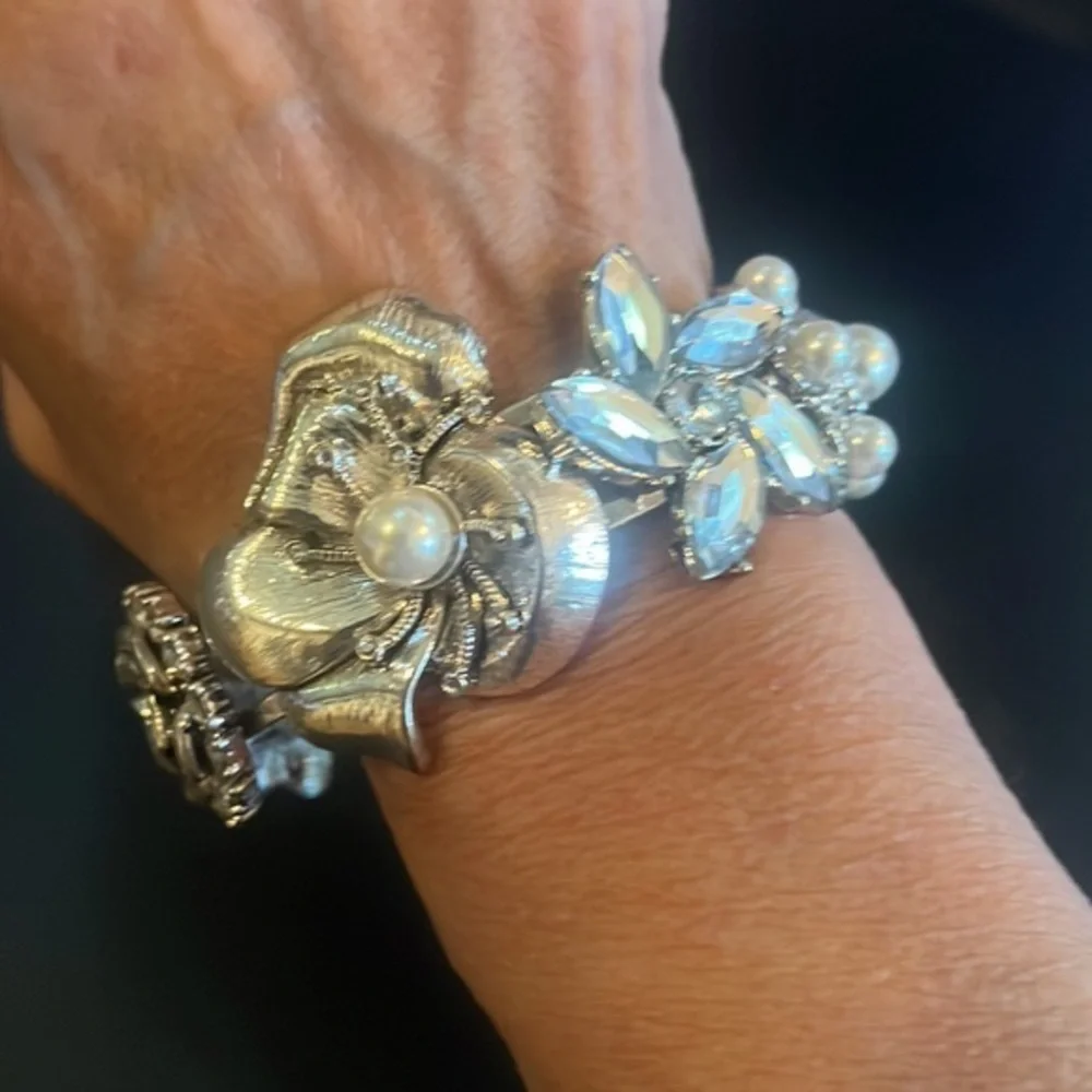 SILVER TONE FLORAL CUFF BRACELET WITH FAUX PEARLS AND RHINESTONES